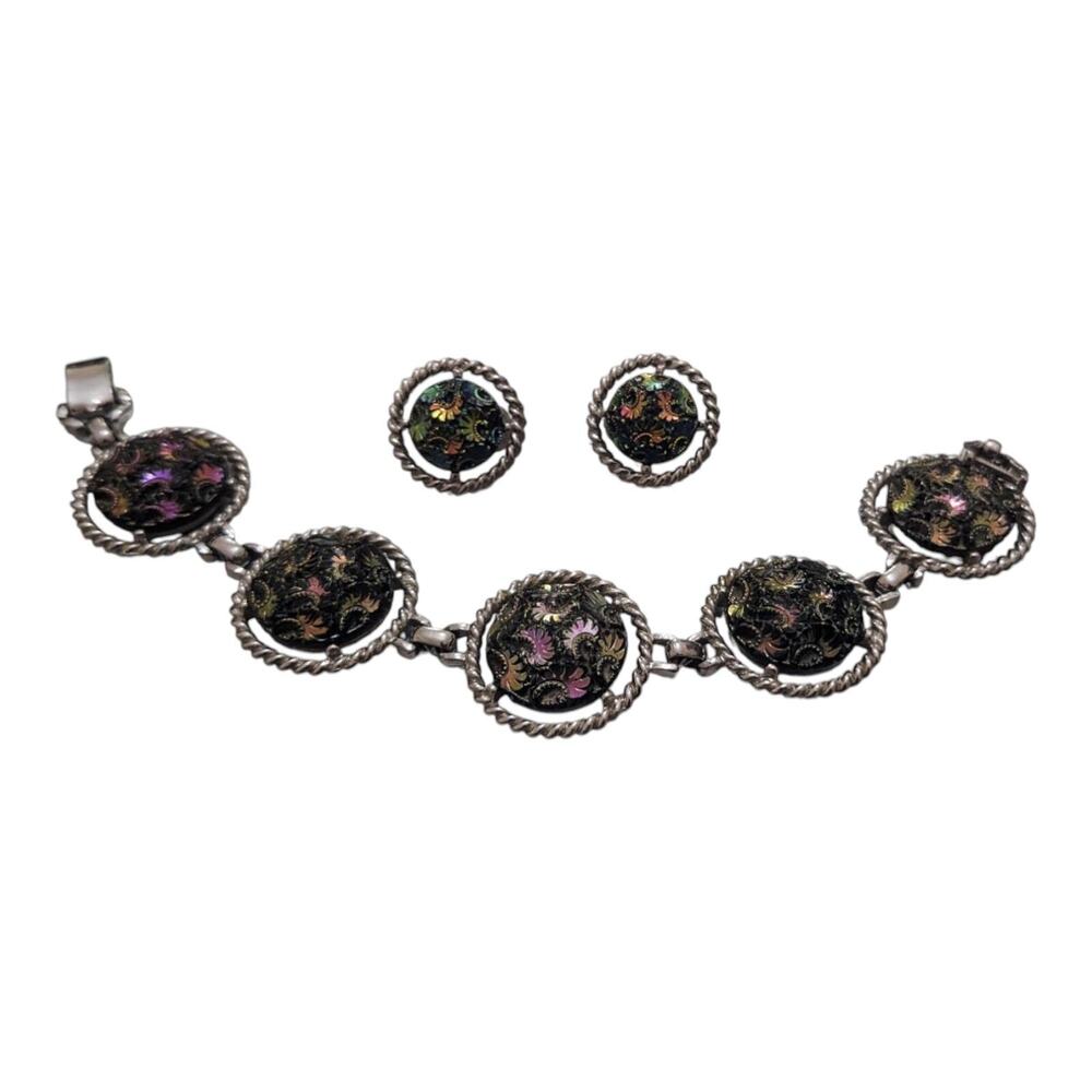 Vintage Sarah Coventry Bracelet & Earrings Set Aurora Swirl Signed‎ Iridescent